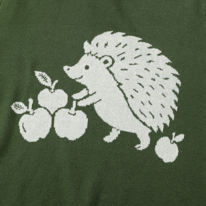 Suéter de punto verde vintage para mujer con animales del bosque y cuello redondo
