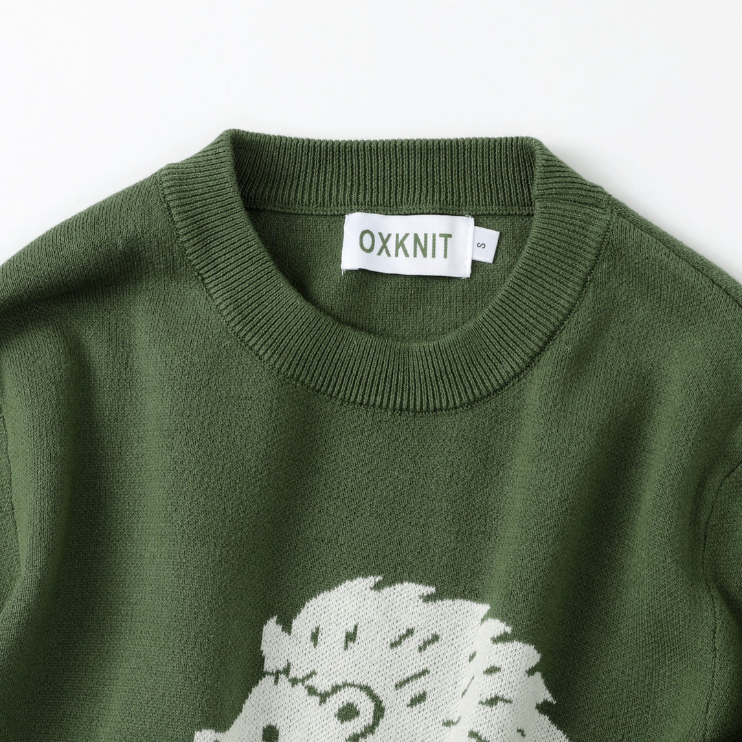 Suéter de punto verde vintage para mujer con animales del bosque y cuello redondo