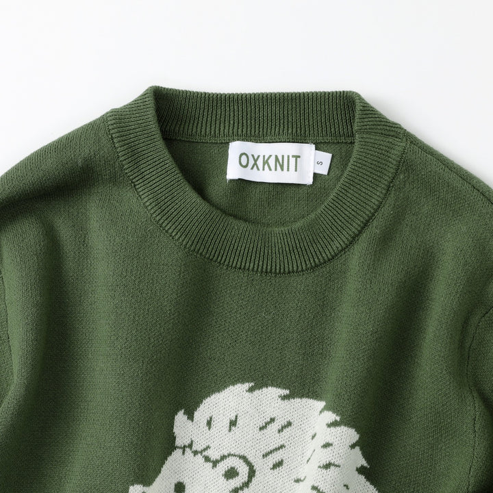Suéter de punto verde vintage para mujer con animales del bosque y cuello redondo