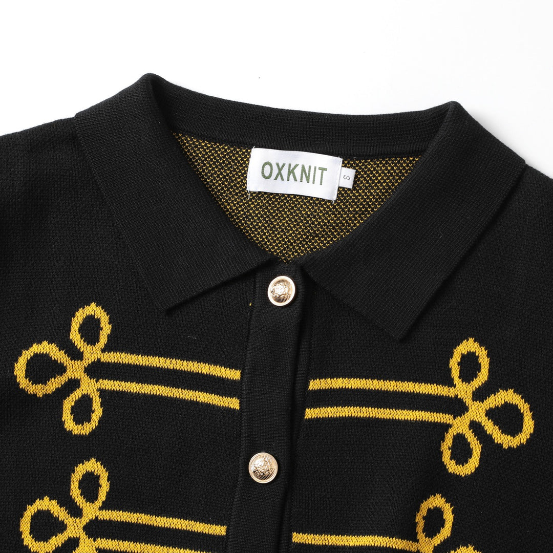 Women's Black Vintage Military Napoleon-Inspired Jacquard Polo Knit Cardigan