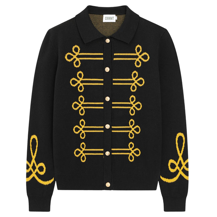Women's Black Vintage Military Napoleon-Inspired Jacquard Polo Knit Cardigan