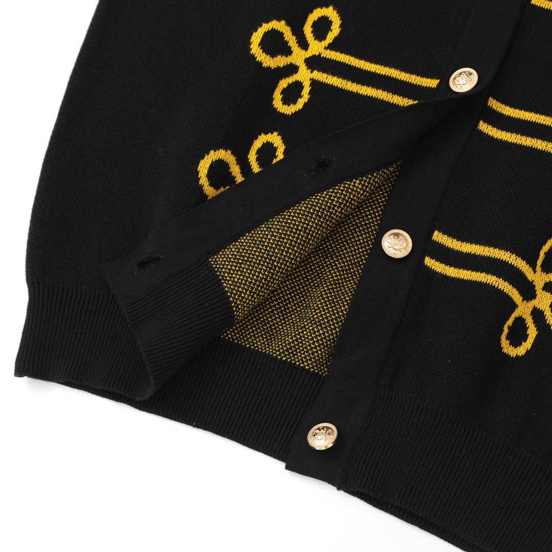 Women's Black Vintage Military Napoleon-Inspired Jacquard Polo Knit Cardigan