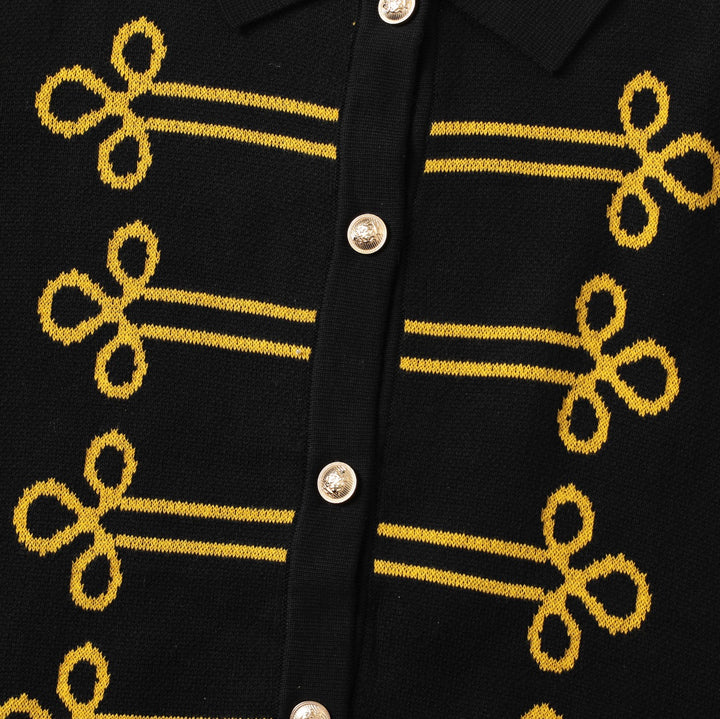 Women's Black Vintage Military Napoleon-Inspired Jacquard Polo Knit Cardigan