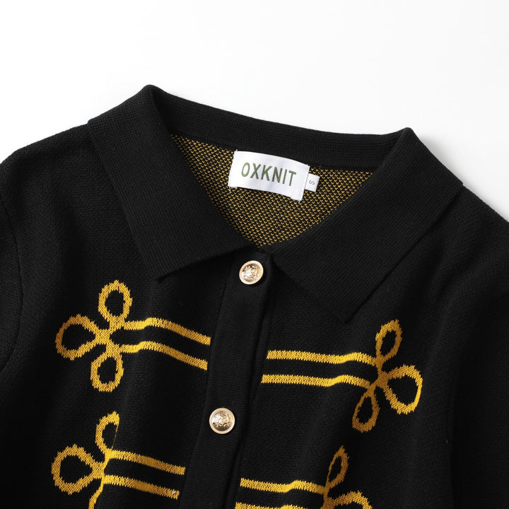 Women's Black Vintage Military Napoleon-Inspired Jacquard Polo Knit Cardigan