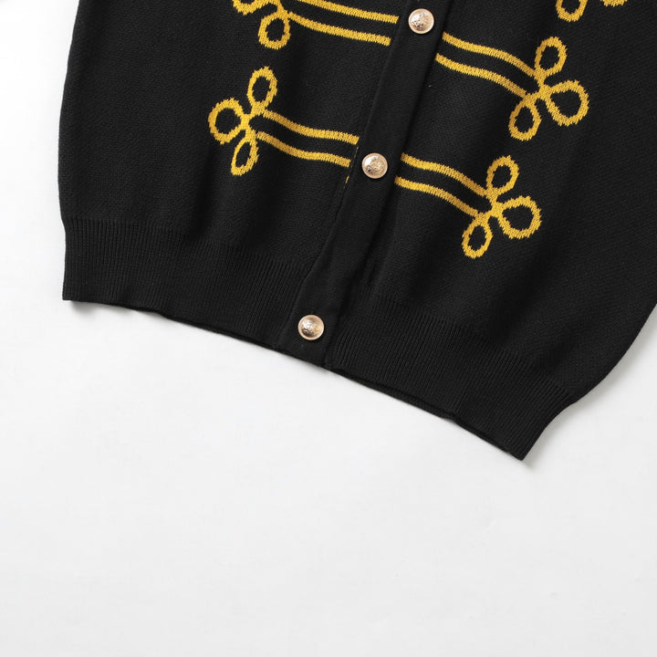 Women's Black Vintage Military Napoleon-Inspired Jacquard Polo Knit Cardigan