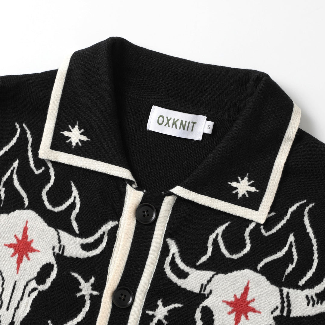 Men's Black Gothic Western Cowboy Polo Knit Cardigan