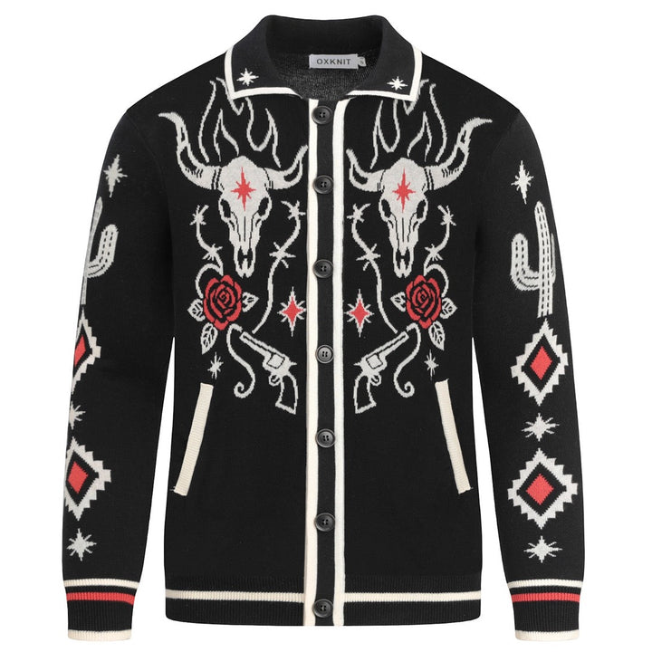 Men's Black Gothic Western Cowboy Polo Knit Cardigan
