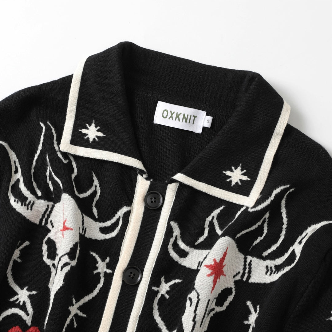 Men's Black Gothic Western Cowboy Polo Knit Cardigan