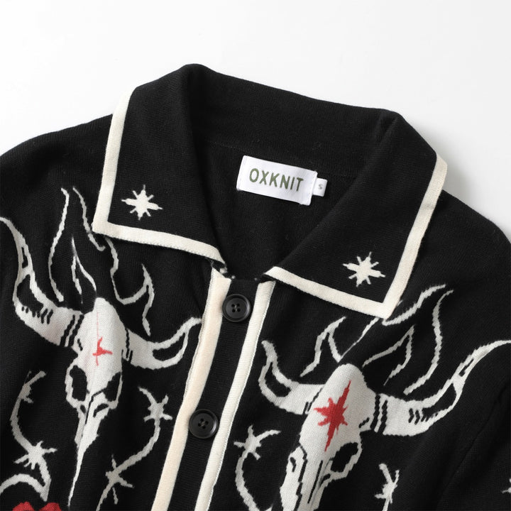 Men's Black Gothic Western Cowboy Polo Knit Cardigan