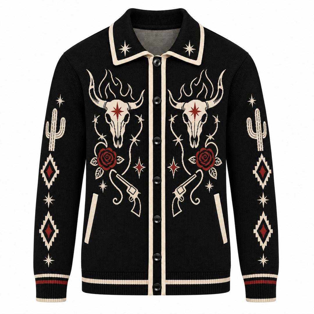 Men's Black Gothic Western Cowboy Polo Knit Cardigan