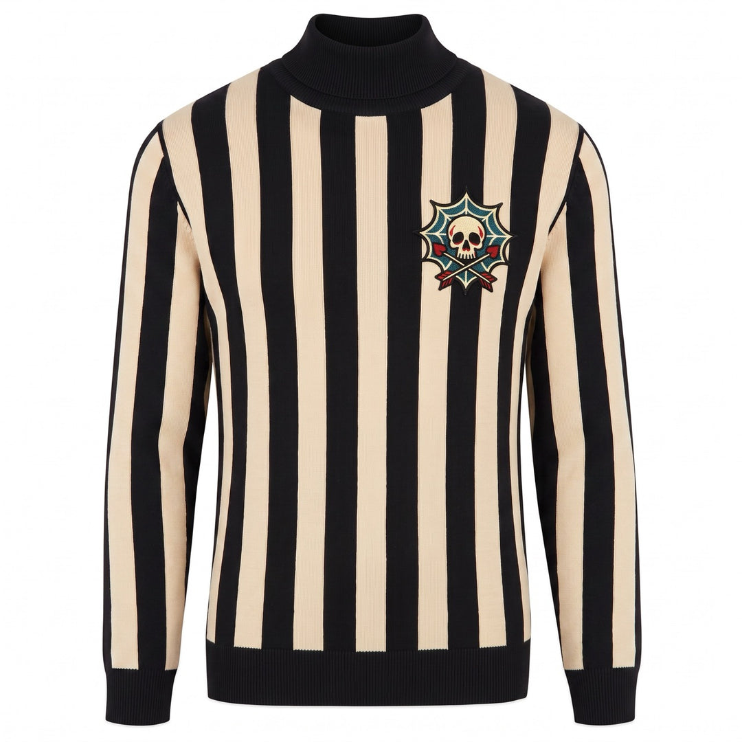 Men's Black 60s Mod Striped Rock Embroidered Turtleneck Knit Sweater