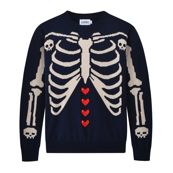 Men's Navy Blue Gothic Romantic Skull Punk Crew Neck Knit Sweater