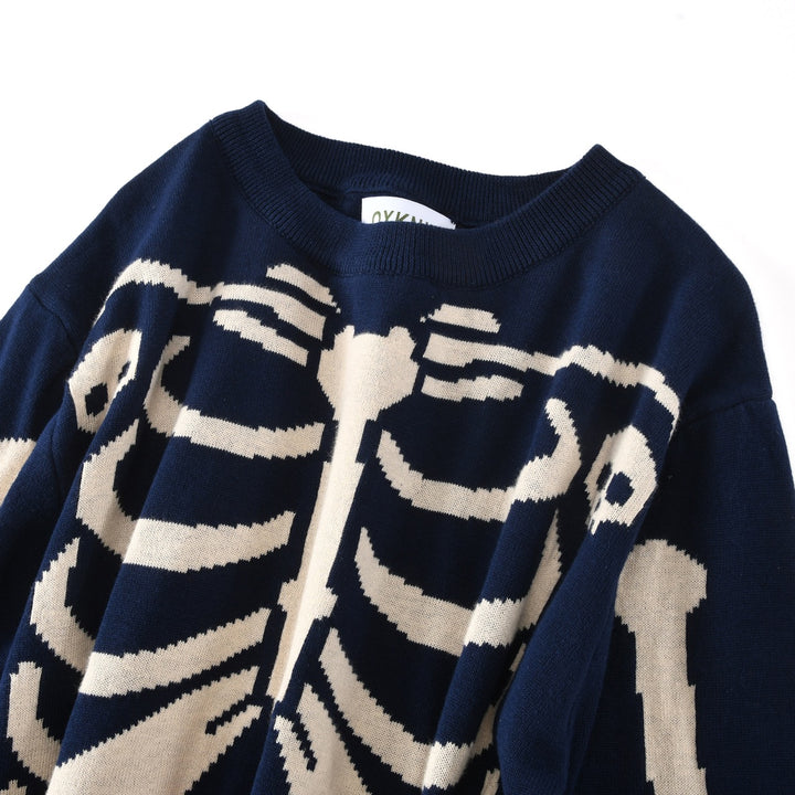 Men's Navy Blue Gothic Romantic Skull Punk Crew Neck Knit Sweater
