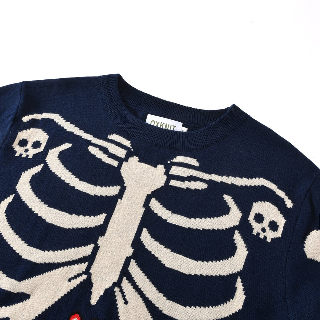 Men's Navy Blue Gothic Romantic Skull Punk Crew Neck Knit Sweater