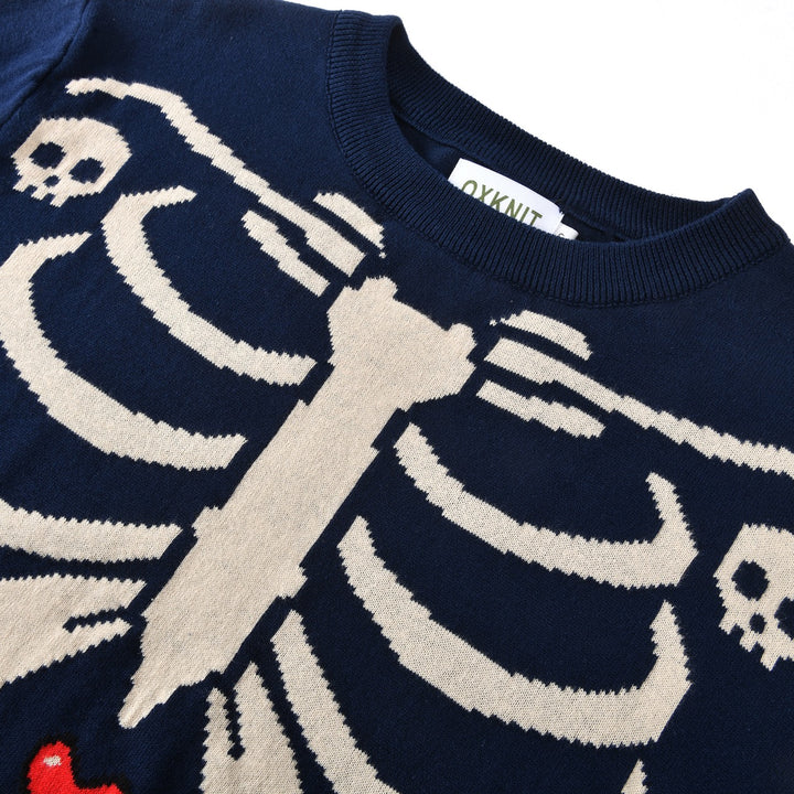 Men's Navy Blue Gothic Romantic Skull Punk Crew Neck Knit Sweater
