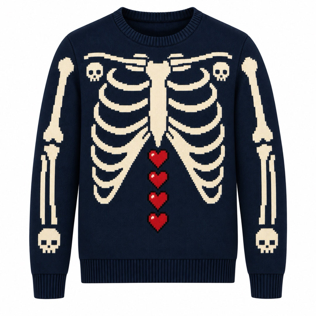 Men's Navy Blue Gothic Romantic Skull Punk Crew Neck Knit Sweater