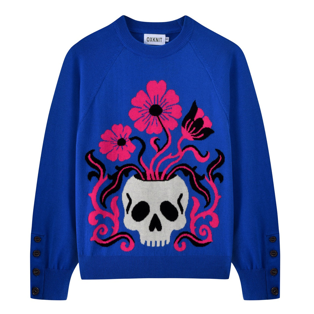 Suéter de punto jacquard azul psicodélico gótico rock de los años 70 para mujer