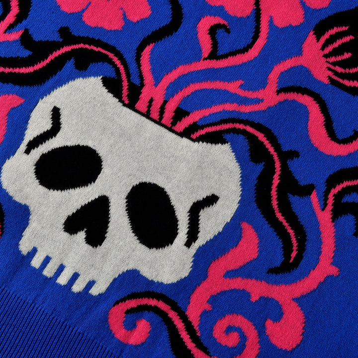 Suéter de punto jacquard azul psicodélico gótico rock de los años 70 para mujer