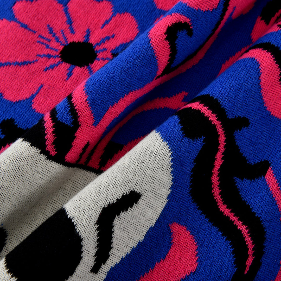 Suéter de punto jacquard azul psicodélico gótico rock de los años 70 para mujer