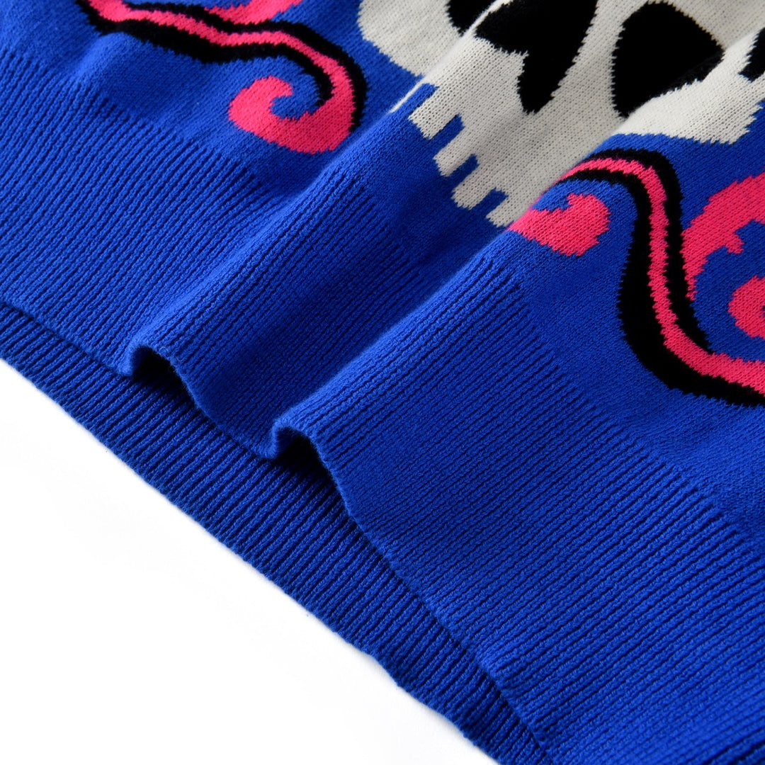 Suéter de punto jacquard azul psicodélico gótico rock de los años 70 para mujer