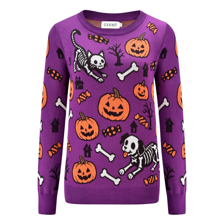 Women's Purple Fun Halloween Skeleton Animal Jacquard Knit Sweater