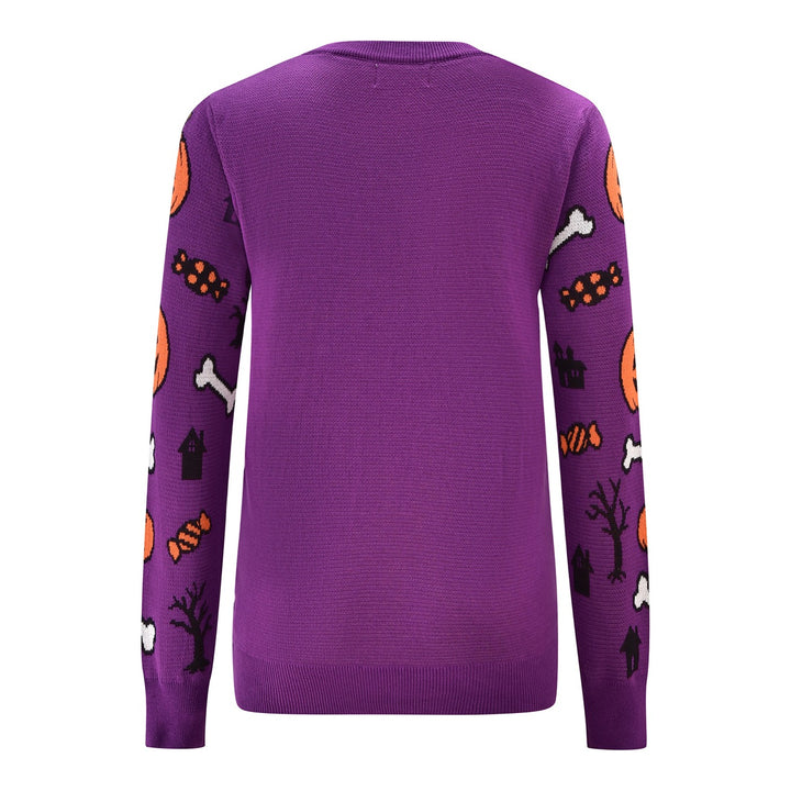 Women's Purple Fun Halloween Skeleton Animal Jacquard Knit Sweater