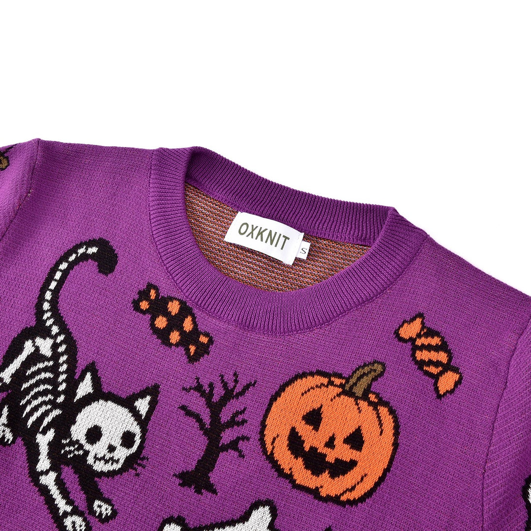 Women's Purple Fun Halloween Skeleton Animal Jacquard Knit Sweater