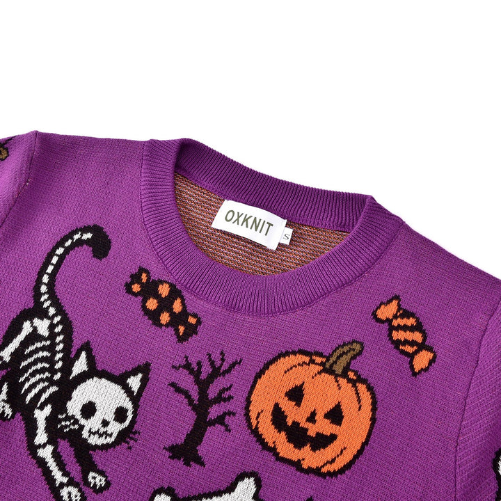 Women's Purple Fun Halloween Skeleton Animal Jacquard Knit Sweater
