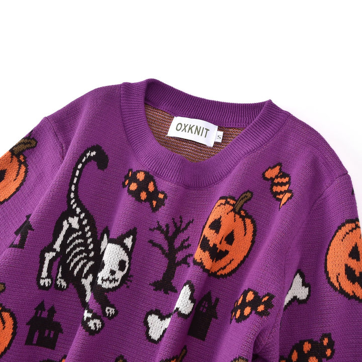 Women's Purple Fun Halloween Skeleton Animal Jacquard Knit Sweater