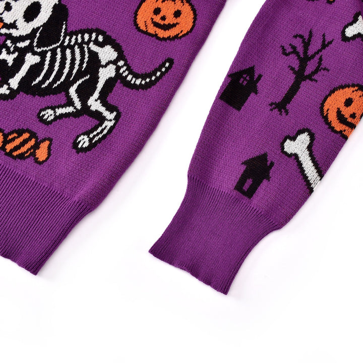 Women's Purple Fun Halloween Skeleton Animal Jacquard Knit Sweater