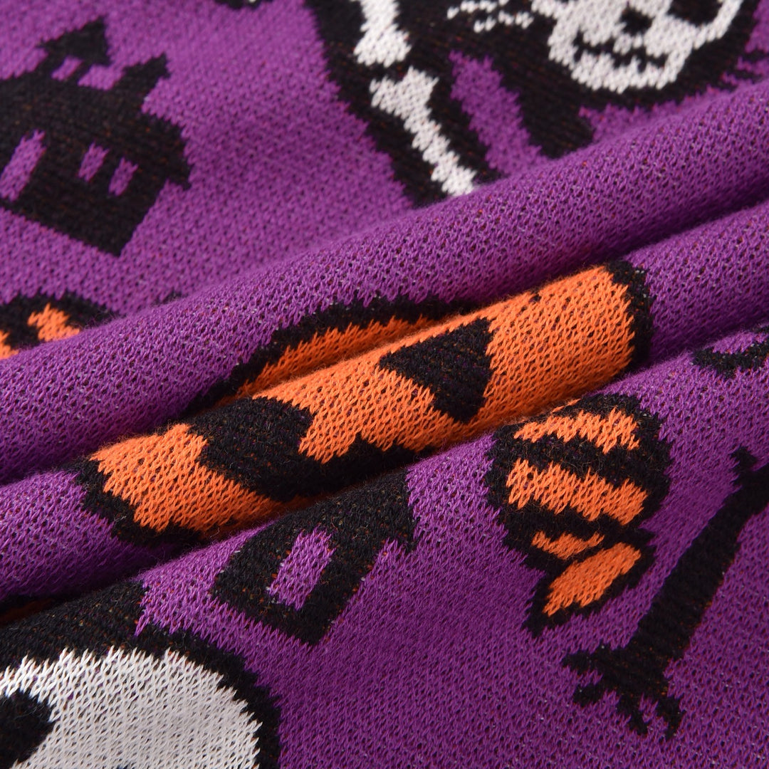 Women's Purple Fun Halloween Skeleton Animal Jacquard Knit Sweater