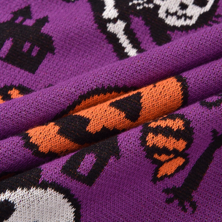 Women's Purple Fun Halloween Skeleton Animal Jacquard Knit Sweater