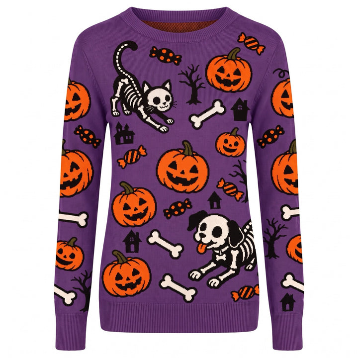 Women's Purple Fun Halloween Skeleton Animal Jacquard Knit Sweater