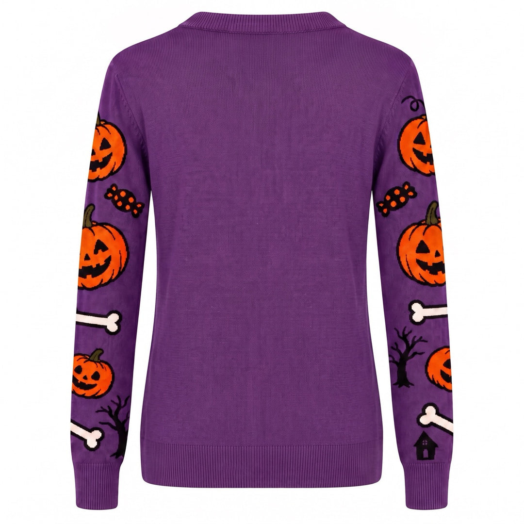 Women's Purple Fun Halloween Skeleton Animal Jacquard Knit Sweater