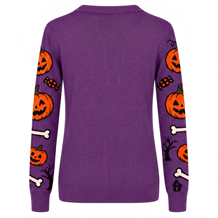 Women's Purple Fun Halloween Skeleton Animal Jacquard Knit Sweater