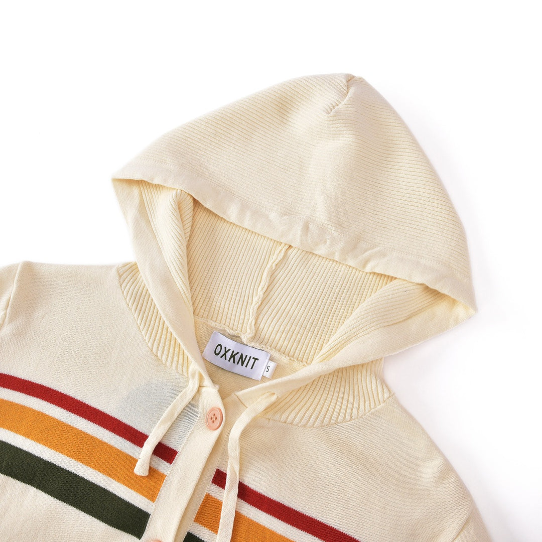 Damen 70er Collegiate Gestreifte Kapuzen-Strickjacke – Kurze Länge