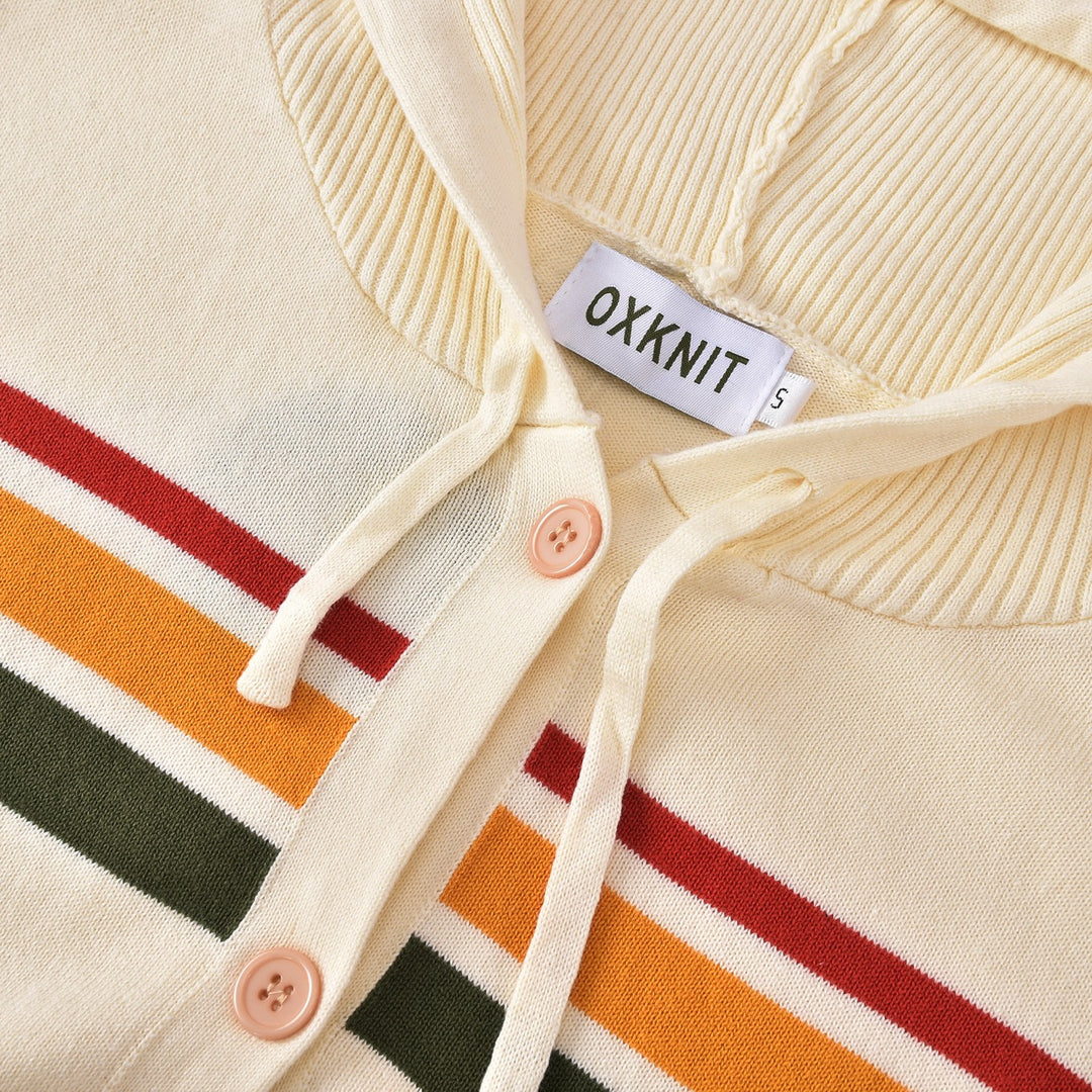 Damen 70er Collegiate Gestreifte Kapuzen-Strickjacke – Kurze Länge
