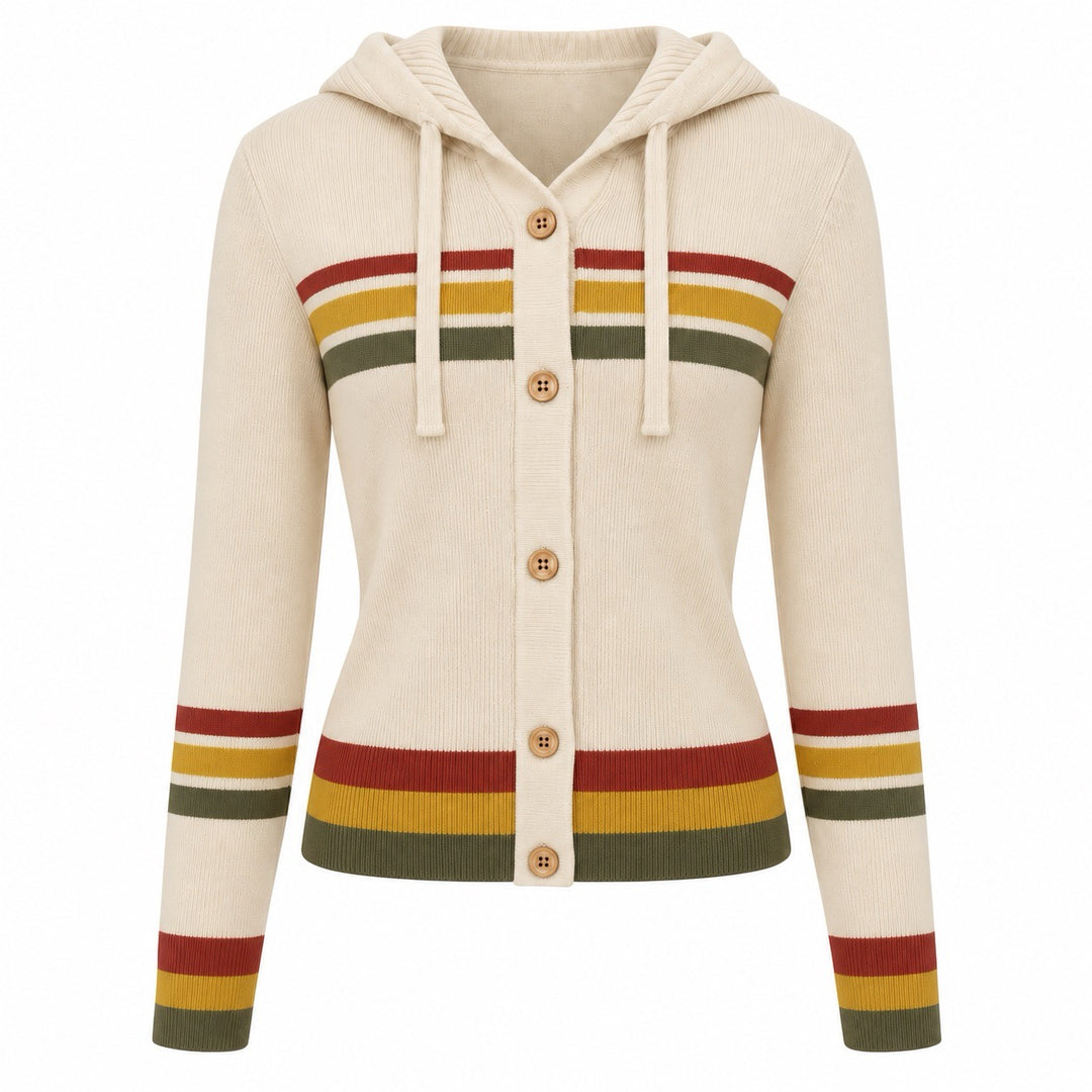 Dame 70'er Vintage Collegiate Hættetrøje Strikket Cardigan - Kort Længde