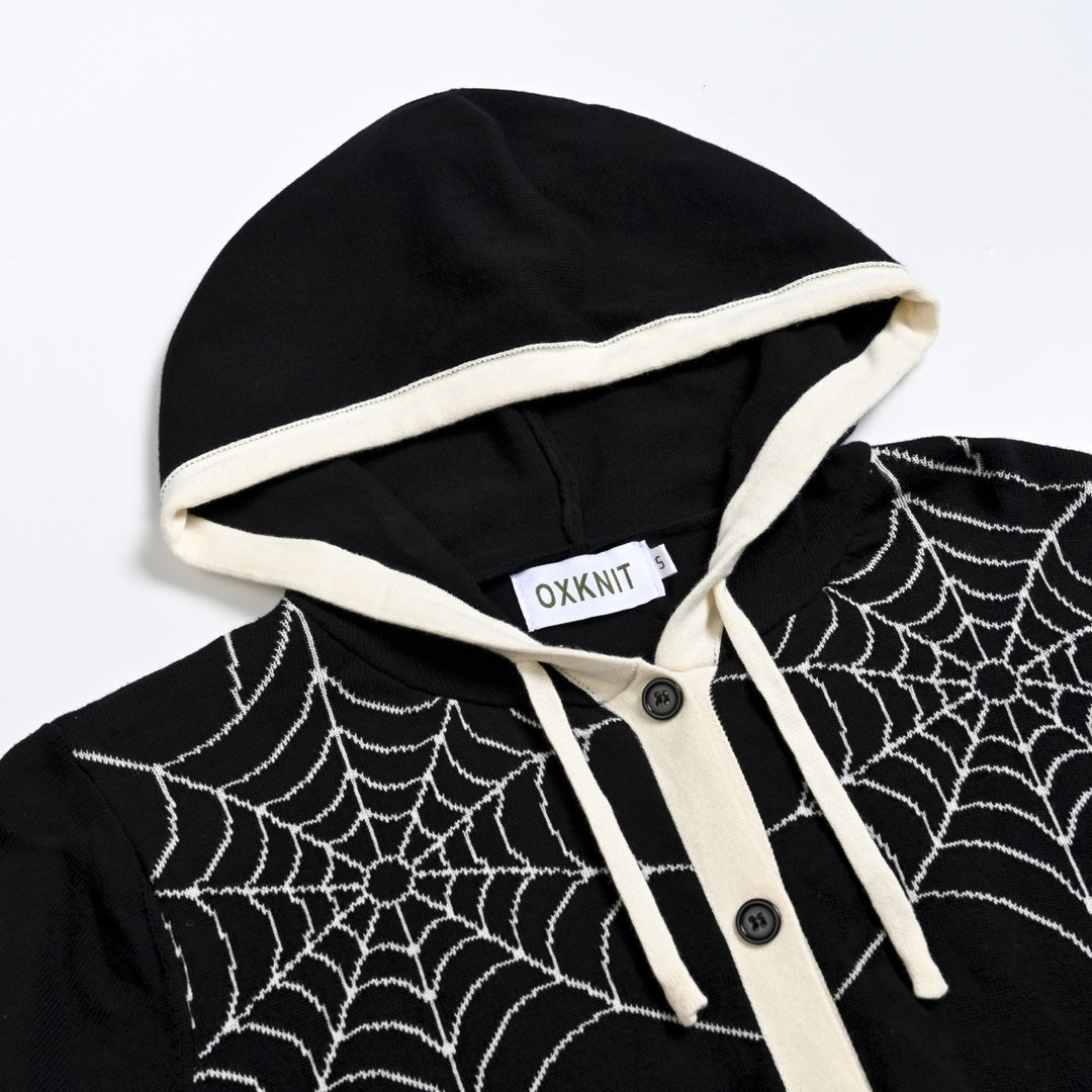 Women's Black Gothic Spiderweb Cropped Knit Cardigan