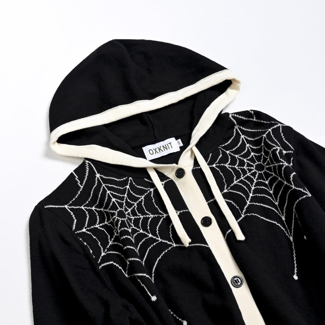 Women's Black Gothic Spiderweb Cropped Knit Cardigan