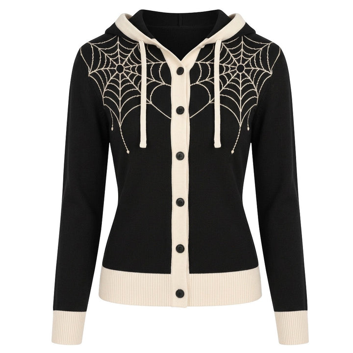 Women's Black Vintage Gothic Spiderweb Jacquard Hooded Knit Cardigan - Cropped Length