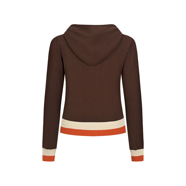 Damen Braune 70er Vintage Sportliche Gestreifte Kapuzen-Strickjacke - Kurze Länge