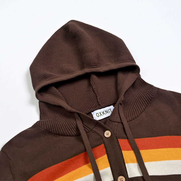 Damen Braune 70er Vintage Sportliche Gestreifte Kapuzen-Strickjacke - Kurze Länge