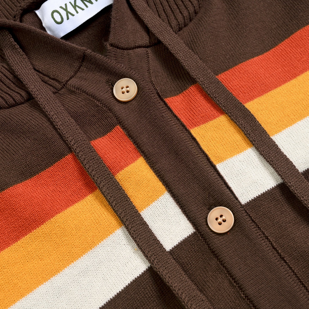 Damen Braune 70er Vintage Sportliche Gestreifte Kapuzen-Strickjacke - Kurze Länge
