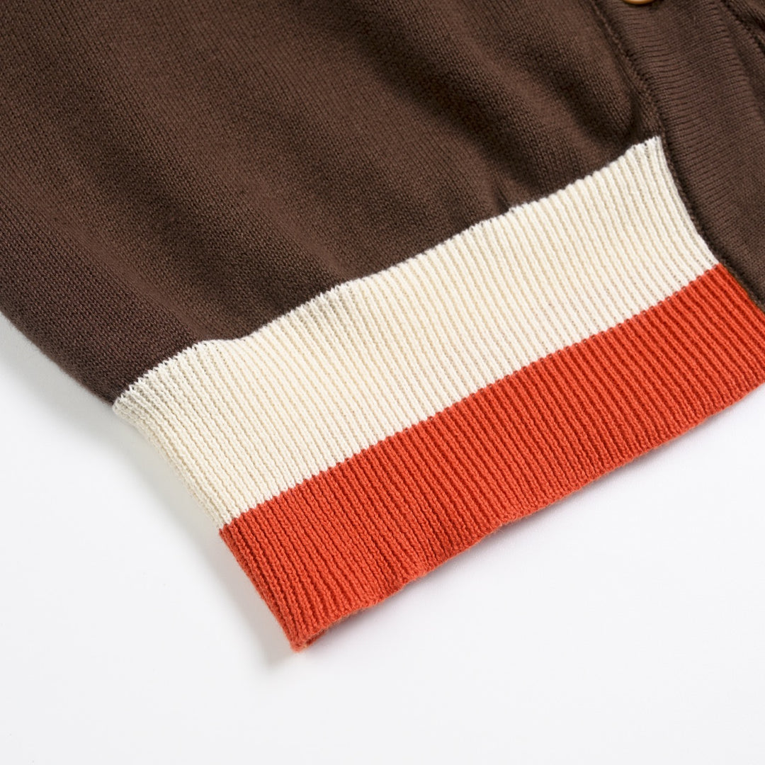 Damen Braune 70er Vintage Sportliche Gestreifte Kapuzen-Strickjacke - Kurze Länge