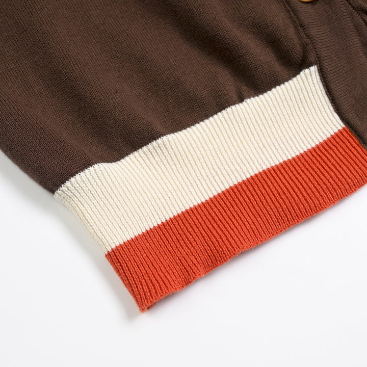 Damen Braune 70er Vintage Sportliche Gestreifte Kapuzen-Strickjacke - Kurze Länge
