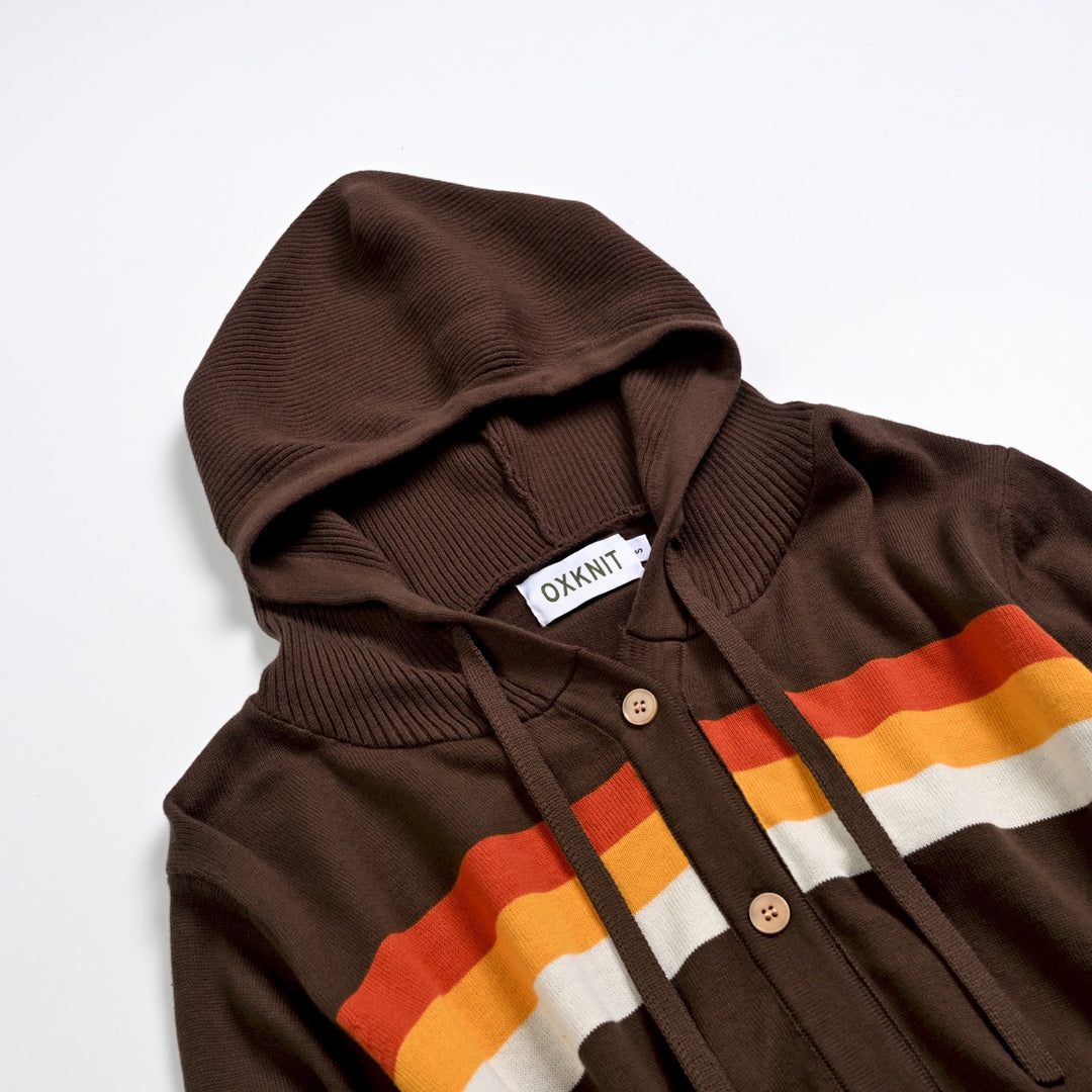 Damen Braune 70er Vintage Sportliche Gestreifte Kapuzen-Strickjacke - Kurze Länge