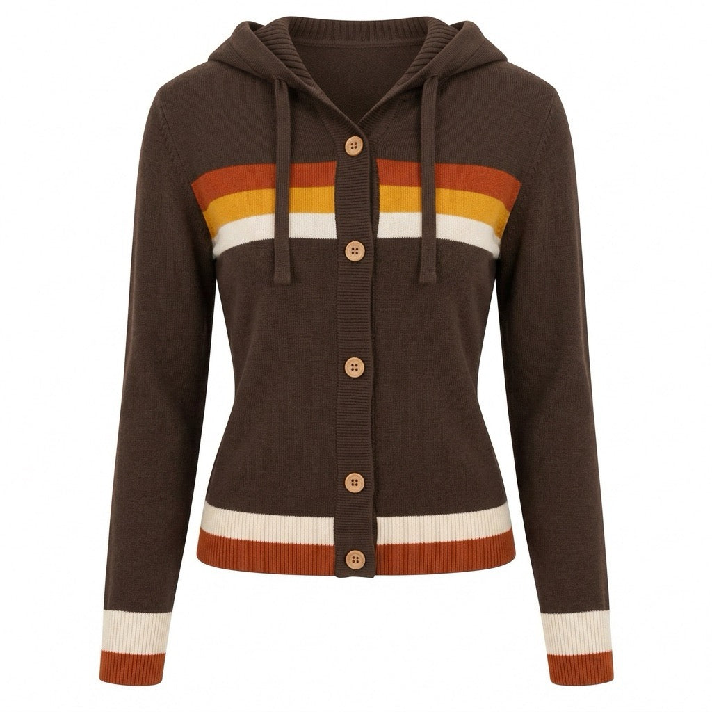 Cárdigan de punto con capucha estilo universitario vintage de los años 70 para mujer - Largo corto