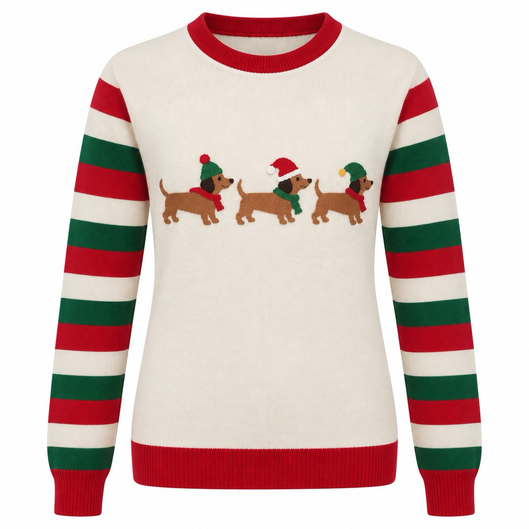 Jersey de punto jacquard vintage para mujer con arte de caniche estilo urbano