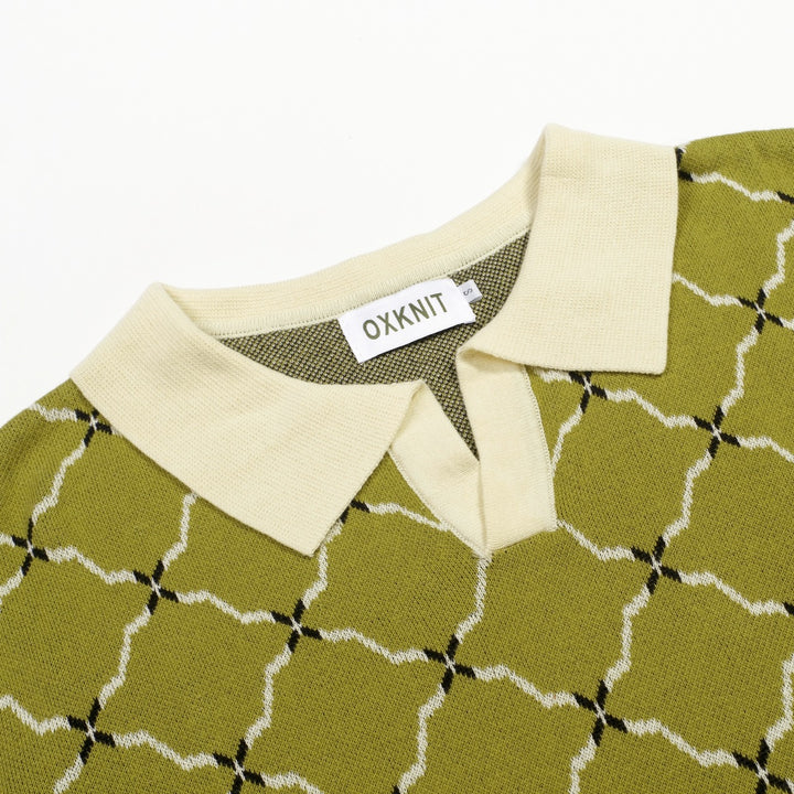 Herre Grøn Vintage Resort Jacquard Strik Polo T-shirt